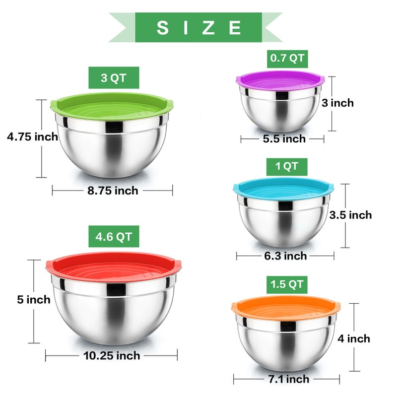 P&P CHEF Mixing Bowls with Airtight Lids Set of 5, 10-Piece Stainless Steel Mixing Nesting Bowl, Metal Bowl with Lid for Kitchen Prepping & Storing, Size 4.6, 3, 1.5, 1, 0.7 QT, Multicolor - Image 4